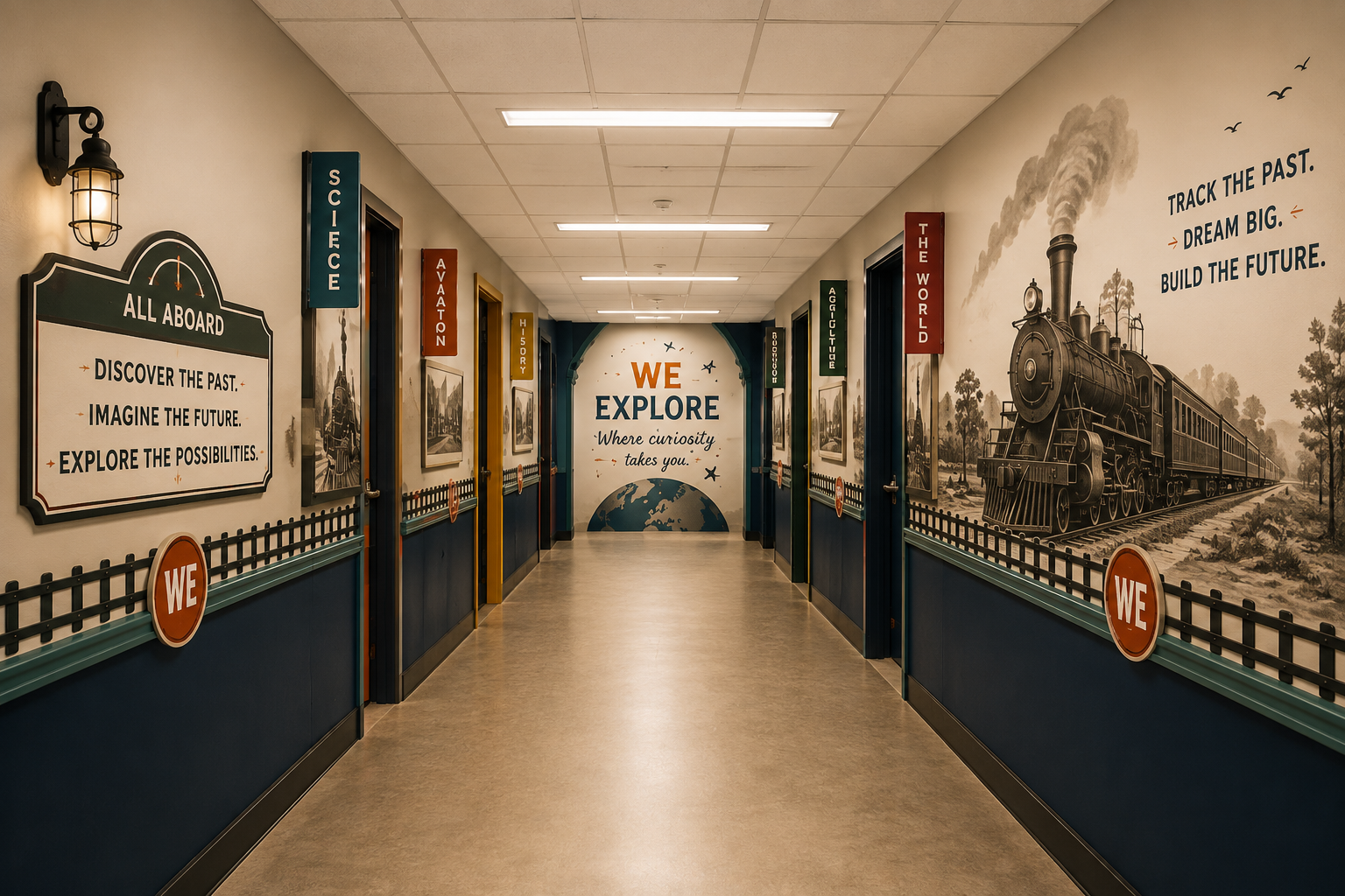 The renovated Exploration Wing hallway with a steam-train mural, themed doorway signs, and the WE EXPLORE feature wall